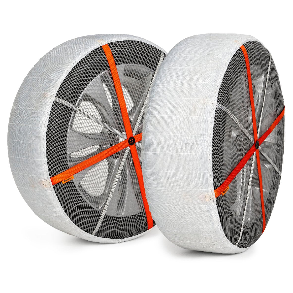 Pair of AutoSock textile snow chains installed on two wheels in front of white background showing product frontside AL71 AL 71