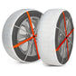 Pair of AutoSock textile snow chains installed on two wheels in front of white background showing product frontside AL64 AL 64