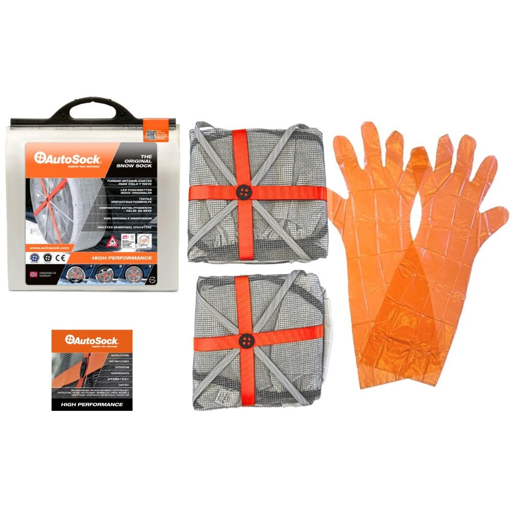 Product packaging content for AutoSock HP-Series contains two AutoSock, a pair of gloves and a manual