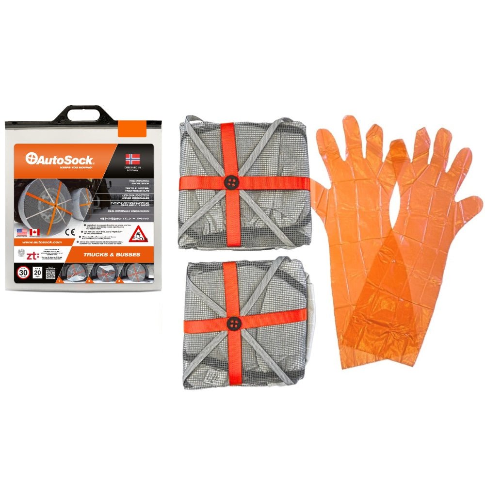 Product packaging content for AutoSock for truck products contains two AutoSock and a pair of gloves