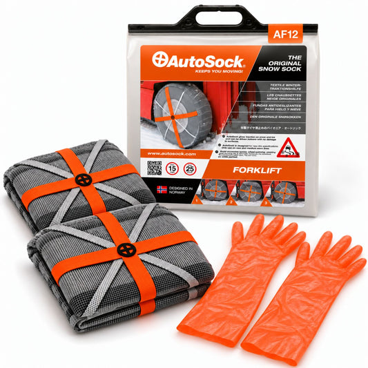 AutoSock model AF12 for forklifts includes two snow socks, a pair of gloves and the product packaging