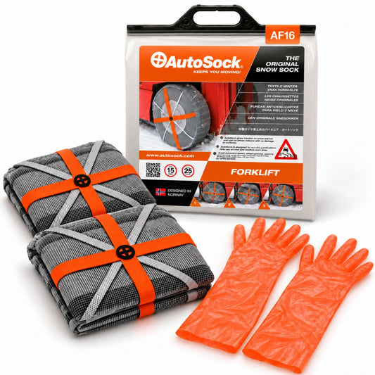 AutoSock model AF16 for forklifts includes two snow socks, a pair of gloves and the product packaging
