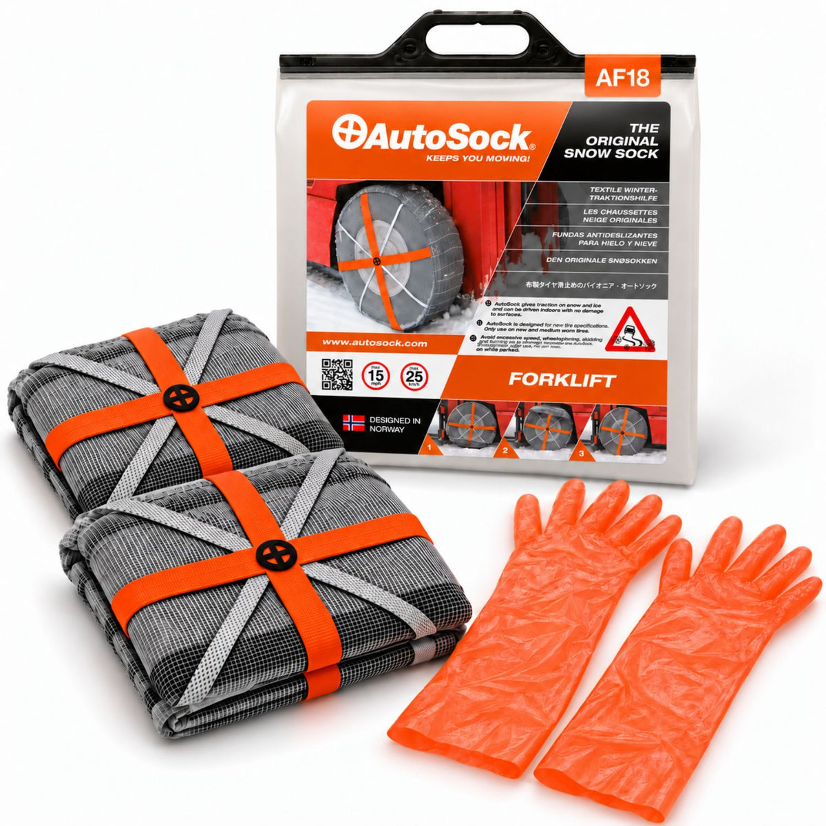 AutoSock model AF18 for forklifts includes two snow socks, a pair of gloves and the product packaging