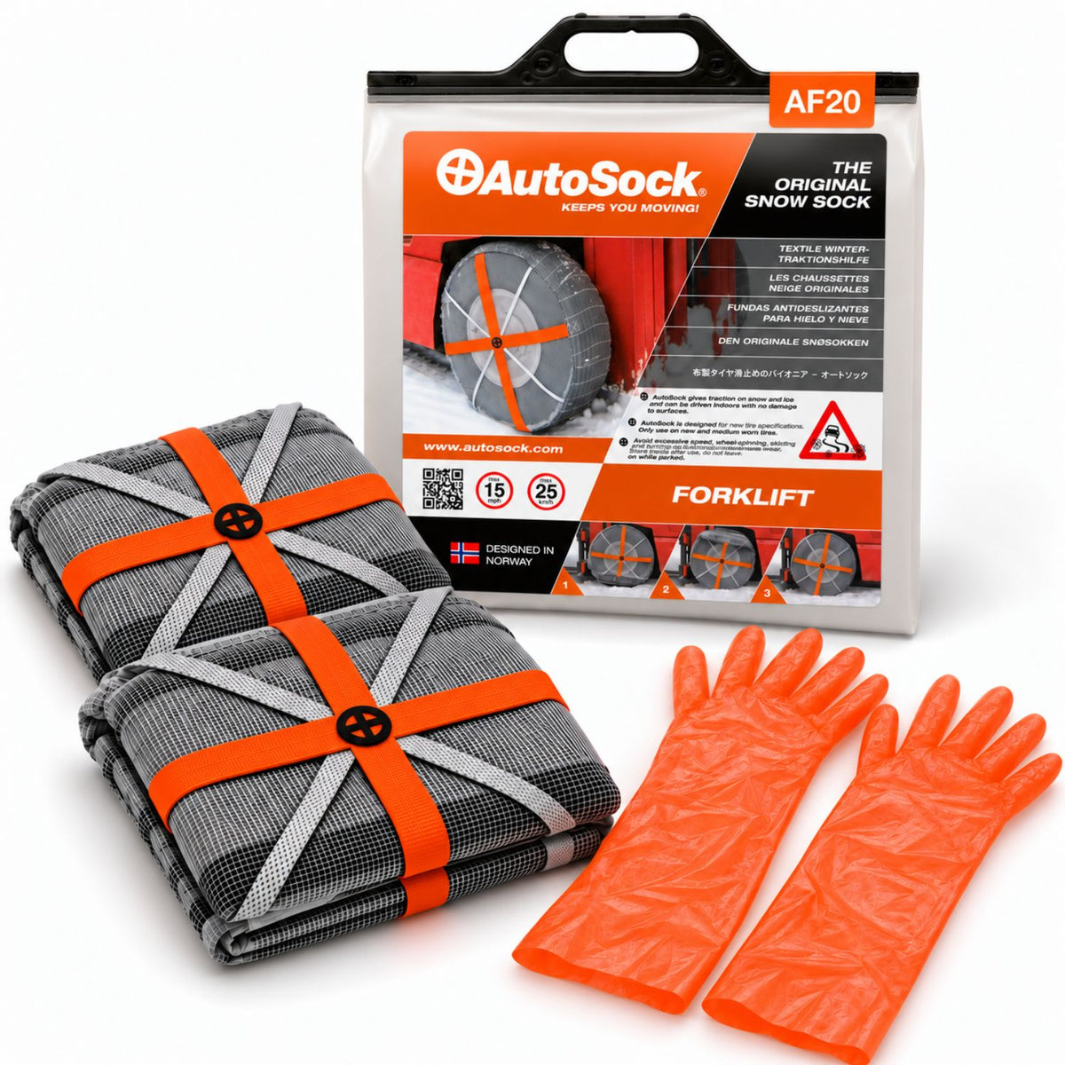 AutoSock model AF20 for forklifts includes two snow socks, a pair of gloves and the product packaging