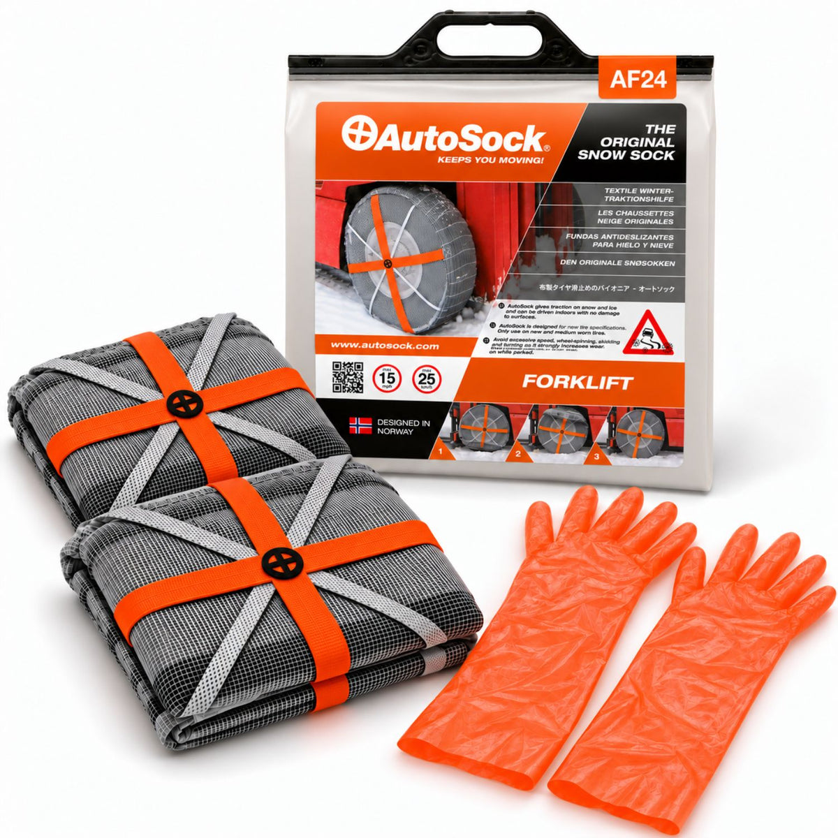 AutoSock model AF24 for forklifts includes two snow socks, a pair of gloves and the product packaging
