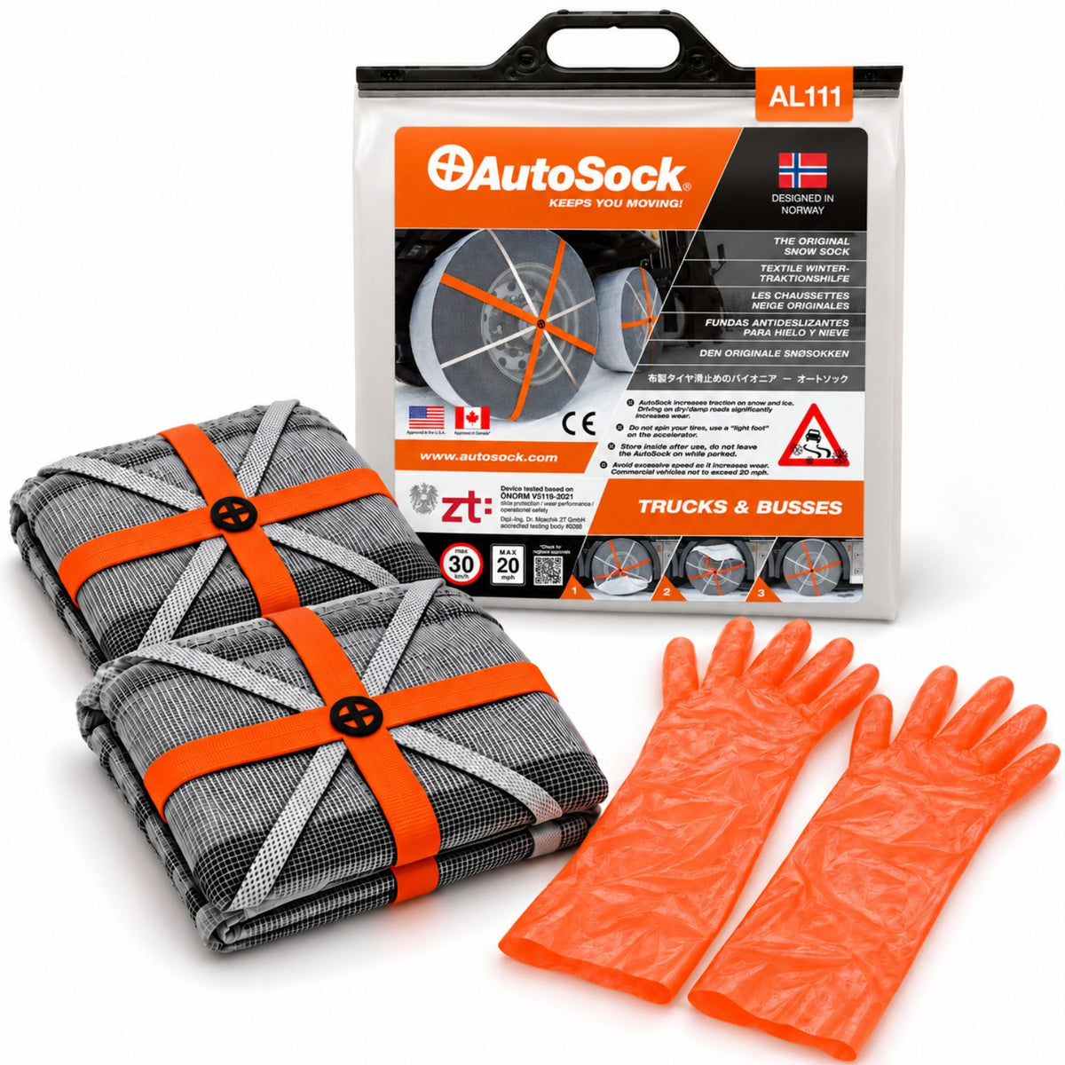 AutoSock model AL111 for trucks and buses includes two snow socks, a pair of gloves and the product packaging