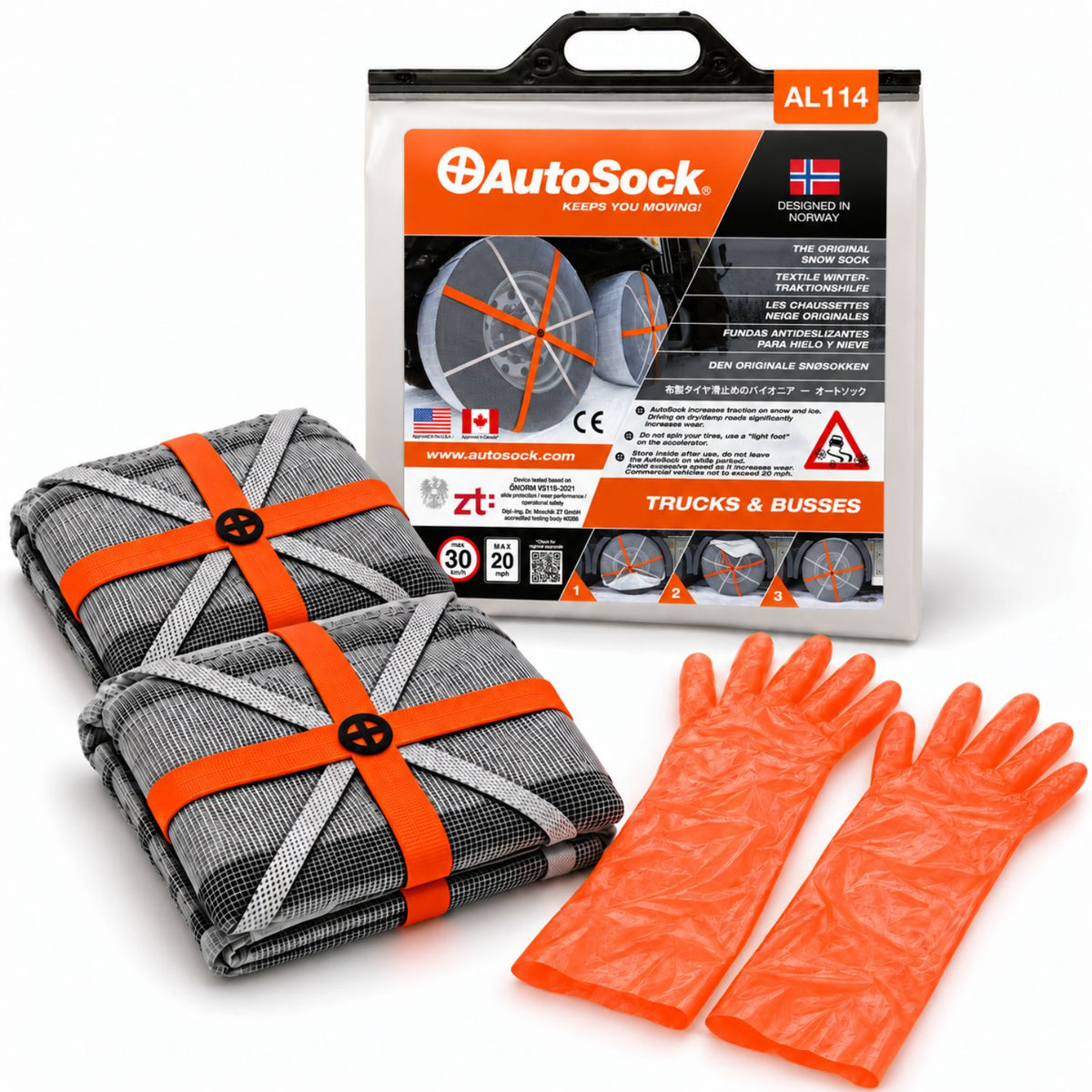 AutoSock model AL114 for trucks and buses includes two snow socks, a pair of gloves and the product packaging