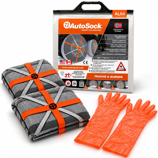 AutoSock model AL64 for trucks and buses includes two snow socks, a pair of gloves and the product packaging