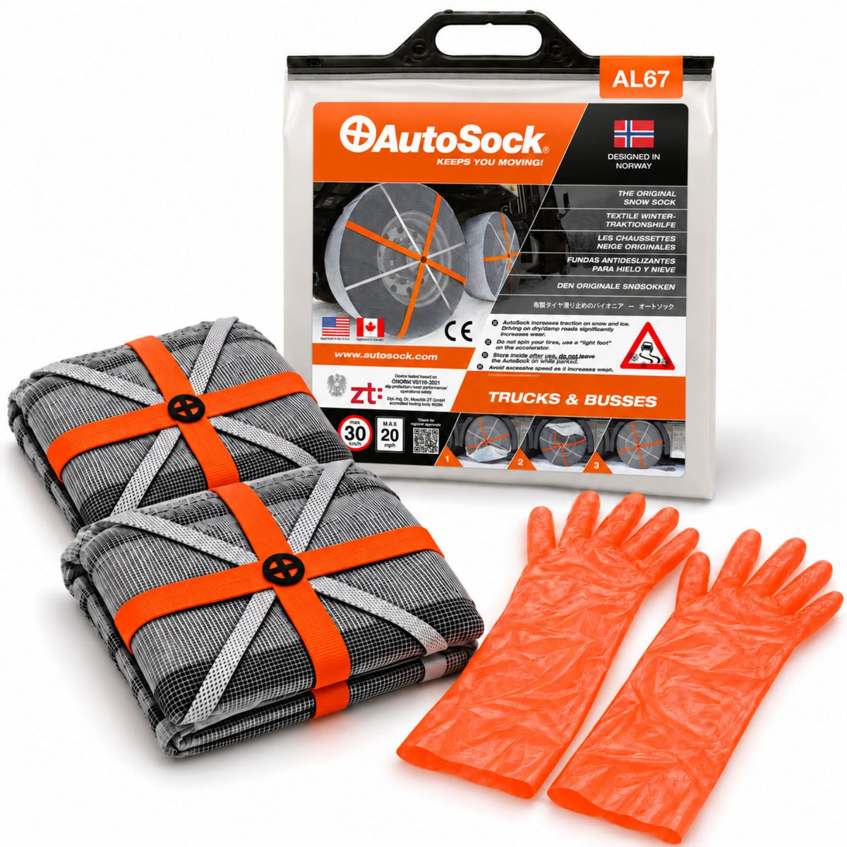 AutoSock model AL67 for trucks and buses includes two snow socks, a pair of gloves and the product packaging