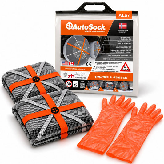 AutoSock model AL67 for trucks and buses includes two snow socks, a pair of gloves and the product packaging