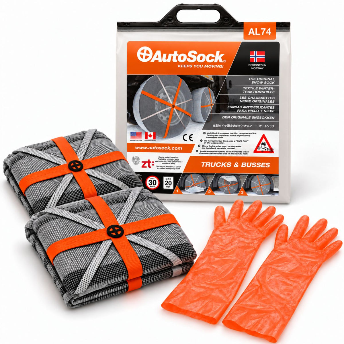 AutoSock model AL74 for trucks and buses includes two snow socks, a pair of gloves and the product packaging
