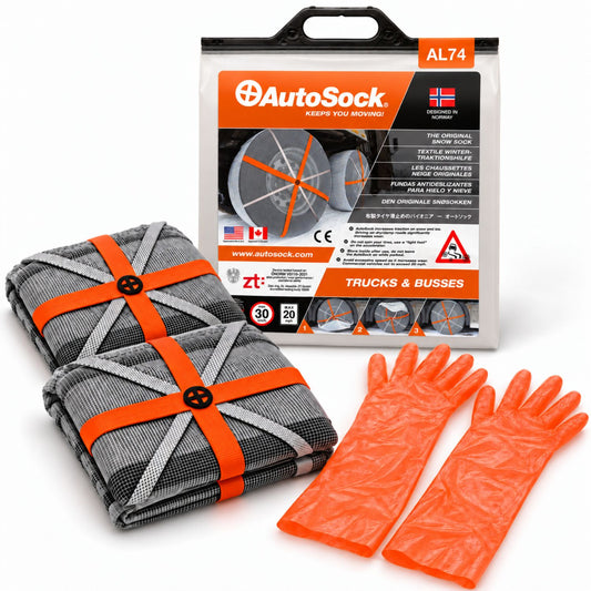 AutoSock model AL74 for trucks and buses includes two snow socks, a pair of gloves and the product packaging