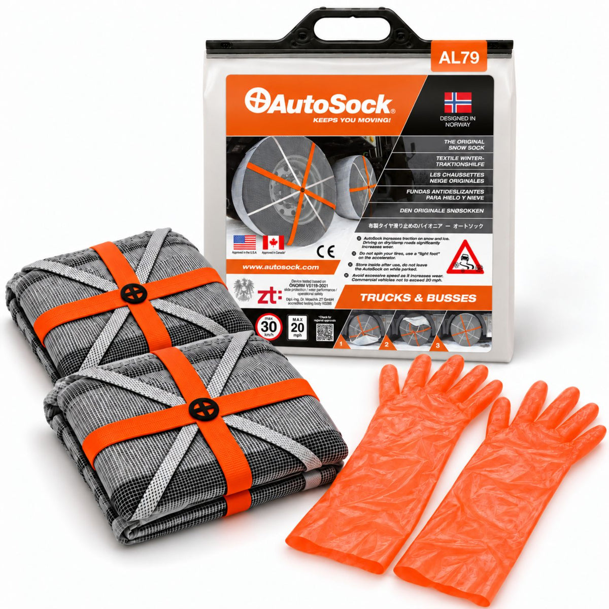 AutoSock model AL79 for trucks and buses includes two snow socks, a pair of gloves and the product packaging