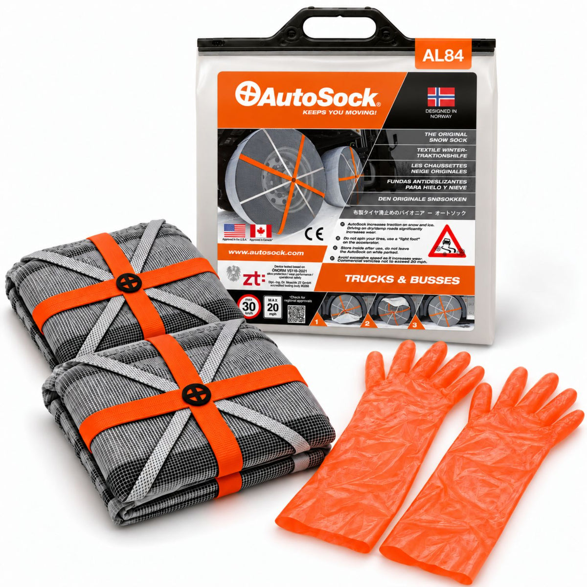 AutoSock model AL84 for trucks and buses includes two snow socks, a pair of gloves and the product packaging