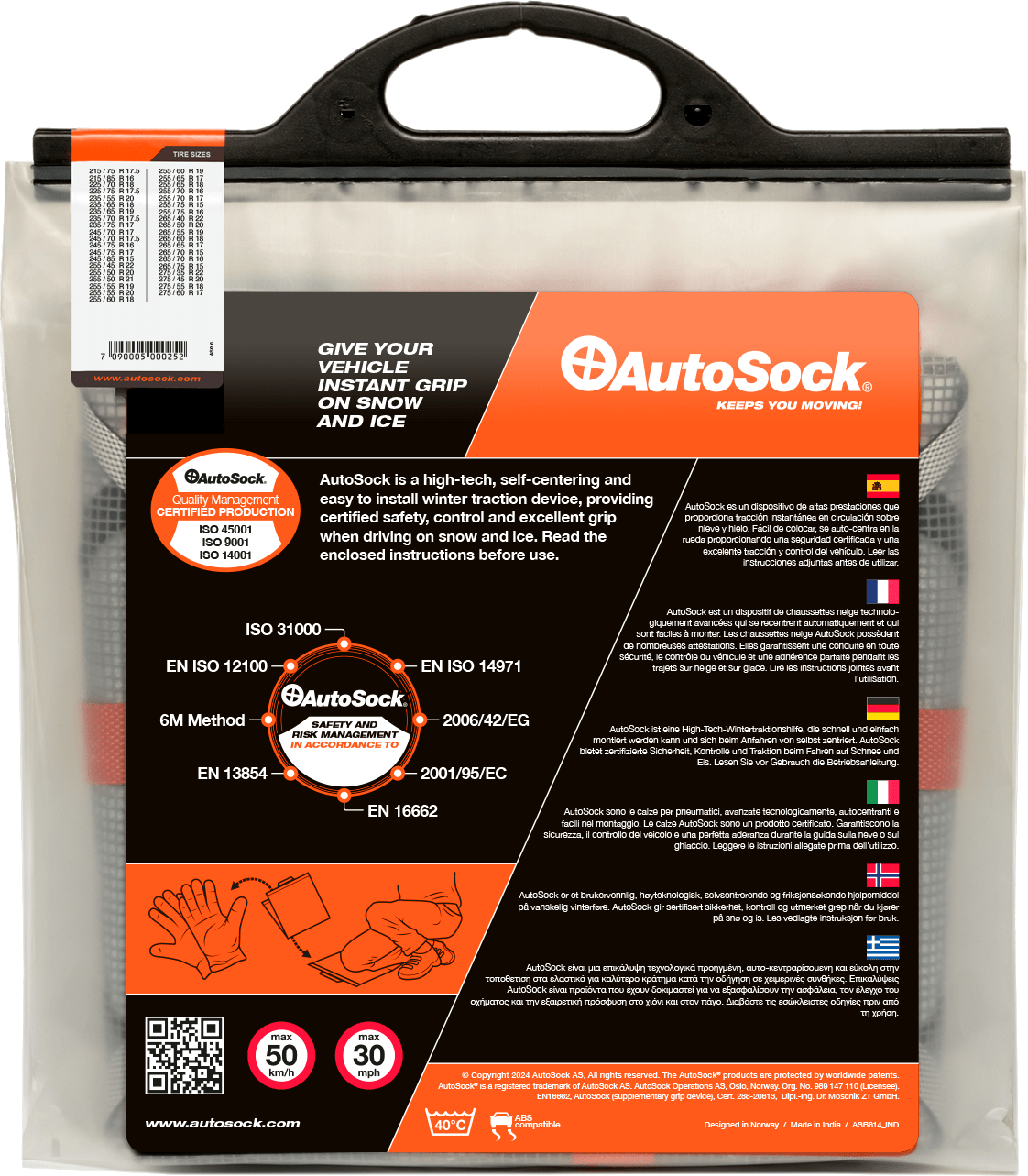 Back side of product packaging for AutoSock HP698