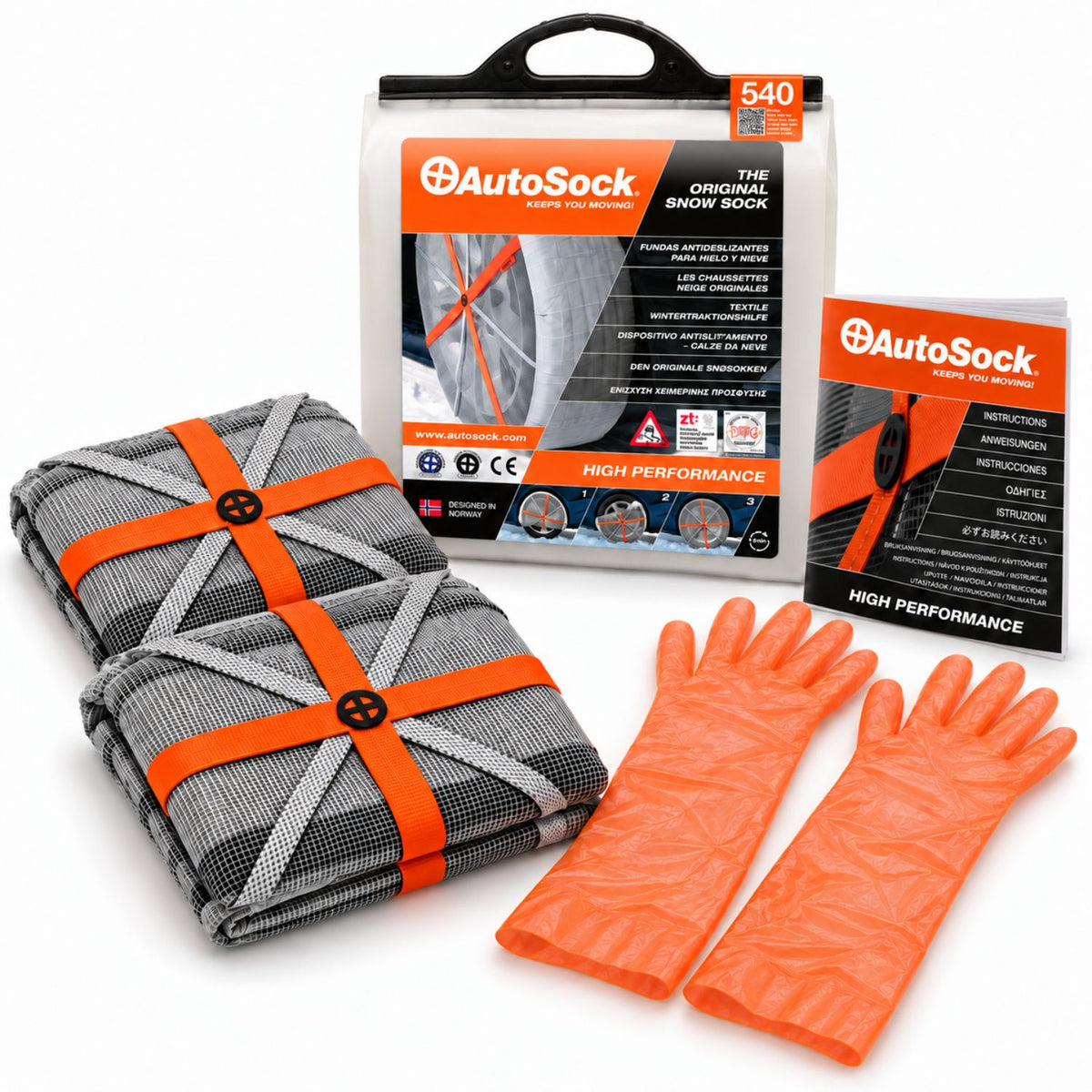 AutoSock model HP540 includes two snow socks, a pair of gloves, an instruction manual and the product packaging