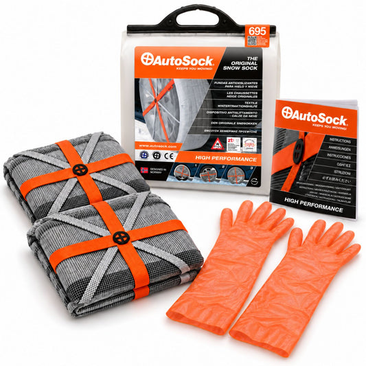 AutoSock model HP695 includes two snow socks, a pair of gloves, an instruction manual and the product packaging