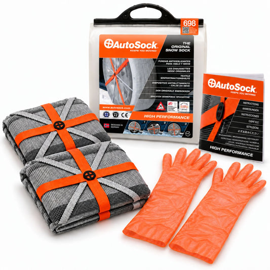 AutoSock model HP698 includes two snow socks, a pair of gloves, an instruction manual and the product packaging
