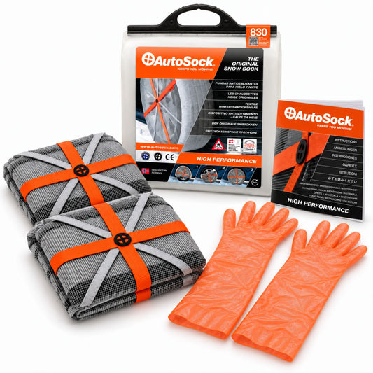 AutoSock model HP830 includes two snow socks, a pair of gloves, an instruction manual and the product packaging