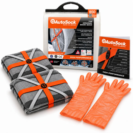 AutoSock model HP850 includes two snow socks, a pair of gloves, an instruction manual and the product packaging