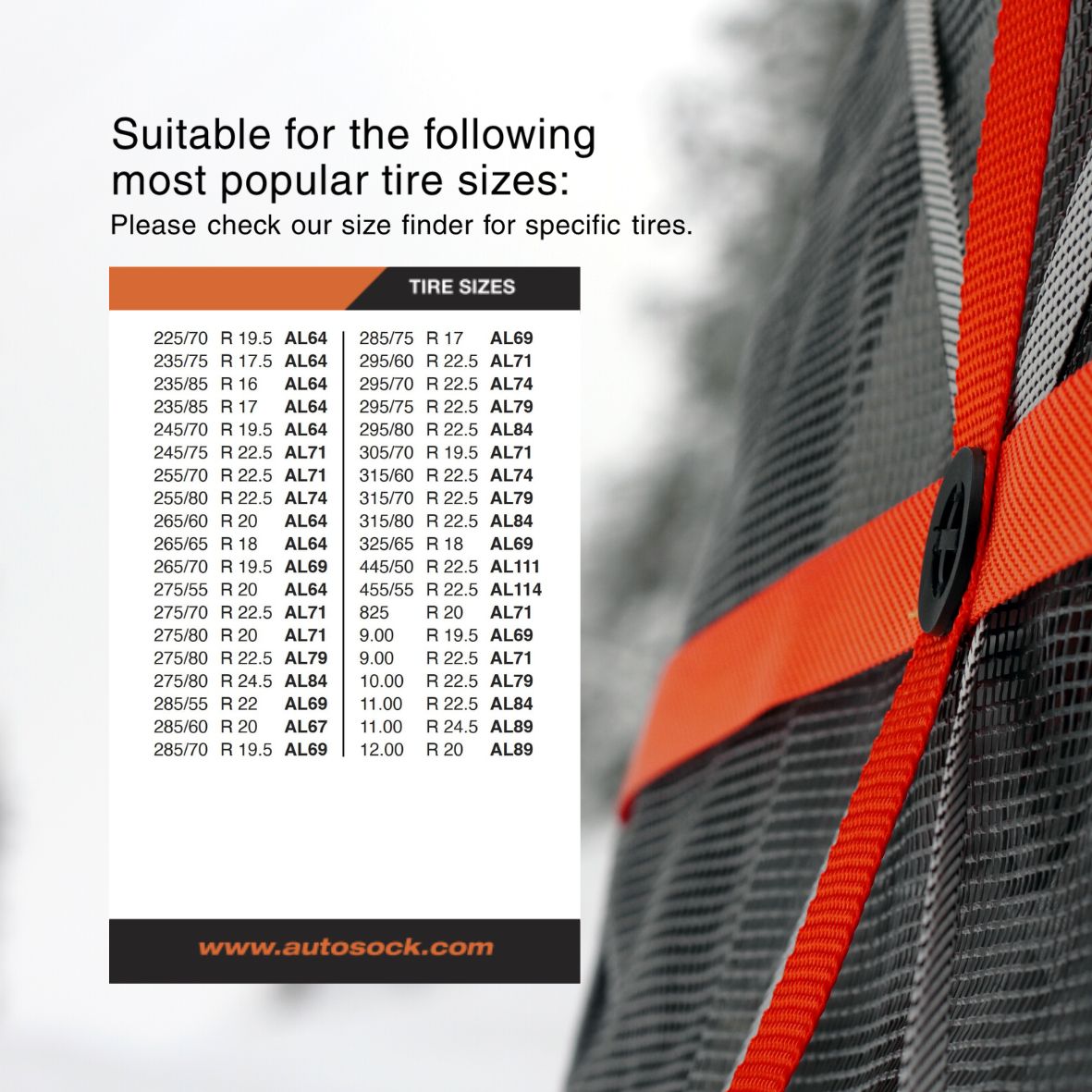 Simple size chart for AutoSock for truck models showing suitable most popular tire sizes